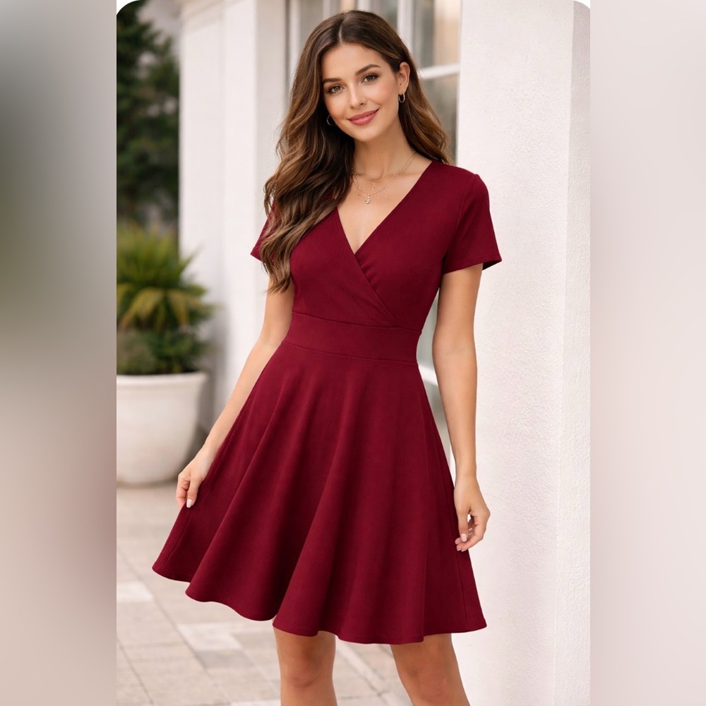 Burgundy Fit & Flare Dress | V-Neck Wrap
Style | Short Sleeve | Size XL